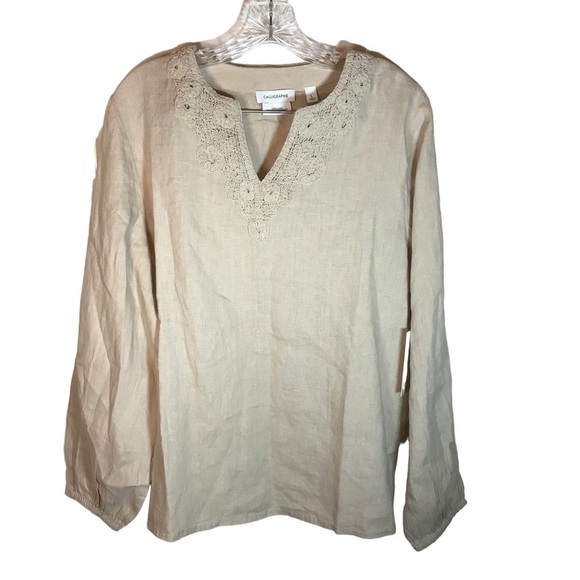 calligraphie Tops - Calligraphie women’s 100% linen longsleeve V-neck blouse size L tan NWT